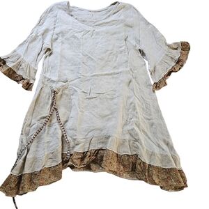 100 % Linen Boho Cream Asymmetrical Ruffle Dress with Floral Trim